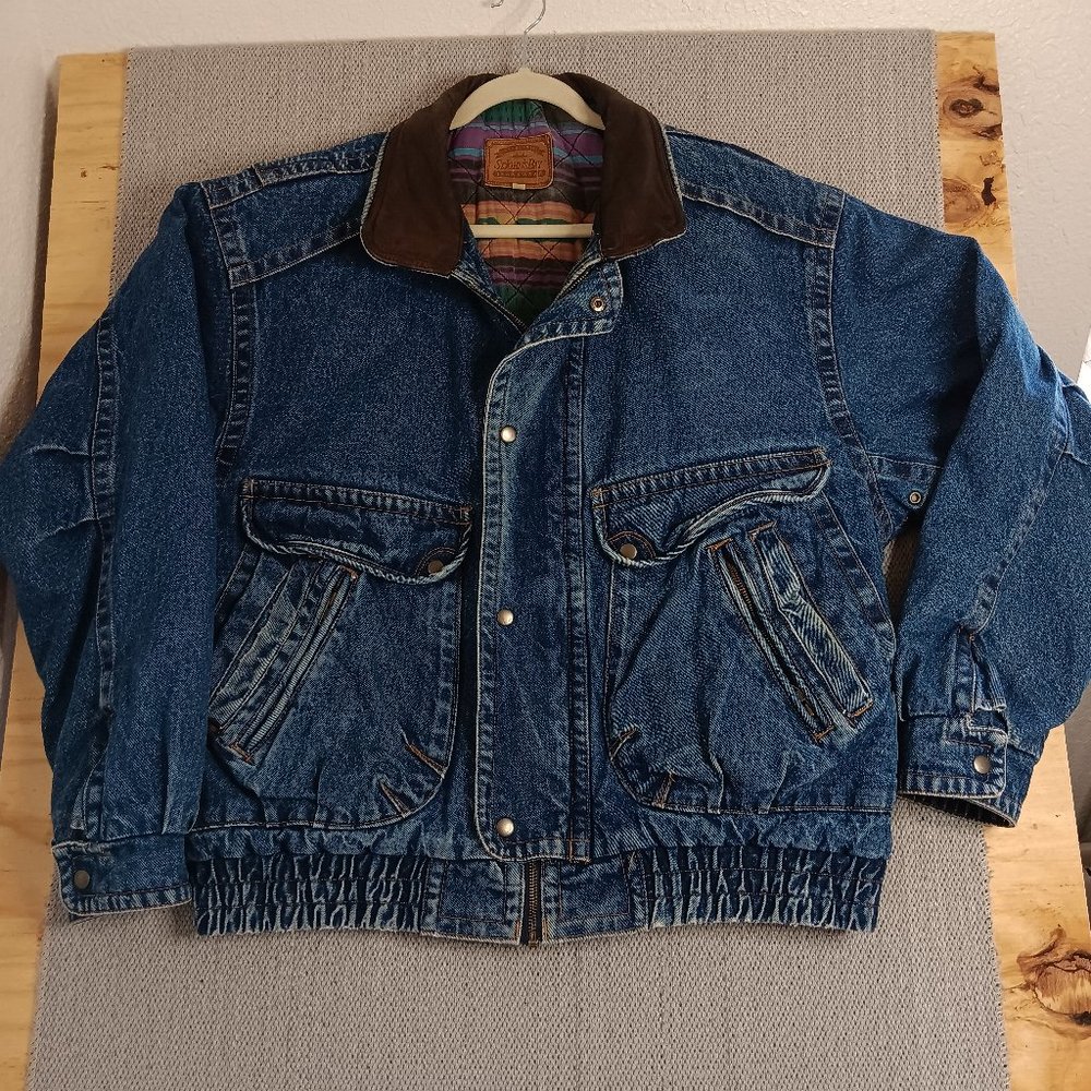Vintage St. John's Bay Woodsman Denim Jacket Aztec Quilted Trim Blue XLT Heavy